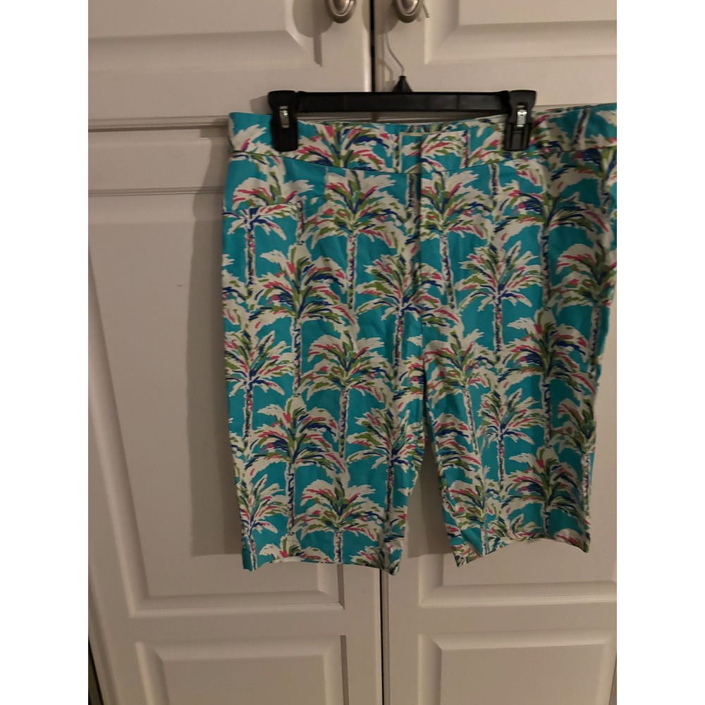 Caribbean Joe Womens Turquoise Palm Tree Tropical Bermuda Shorts Size 12